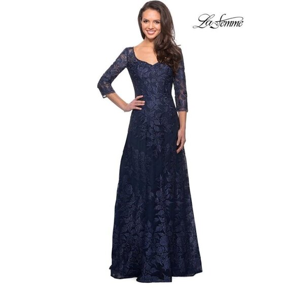 New LA FEMME EVENING Lace A-line dress Navy Size 4Special Occasion MSRP $578